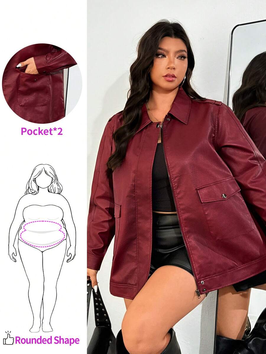 Enliva Kurtka damska z długim rękawem w kolorze bordowym ze skóry PU w rozmiarze plus size na jesień/zimę - Burgund - Zobacz 1