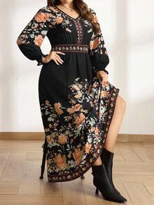 Comfylo Große Größen, Damenkleid mit Blumenmuster, gerafften Rüschenärmeln und taillierter Taille, ideal für Urlaub, Frühling/Herbst, Weihnachten, Winter und andere Anlässe. Auch als Weihnachts- oder Silvesterkleid geeignet.