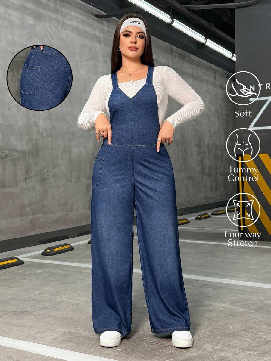 Flexra Plus Size Women Pocket Design Wide Leg Loose Casual Bib Overall Jumpsuit