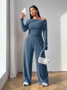 SHEIN EZwear 2 件套朦胧蓝色长袖 T 恤和裤子针织套装，修身大码女款 - 霧霾藍 - 查看 5