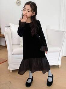 DAZY 少女荷叶边拼布喇叭袖圆领天鹅绒长裙 - 黑色 - 查看 4