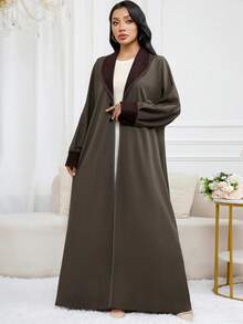 Al Najma 休闲优雅中东女式阿拉伯长袖阿巴亚开衫，秋冬 - 卡其色 - 查看 5