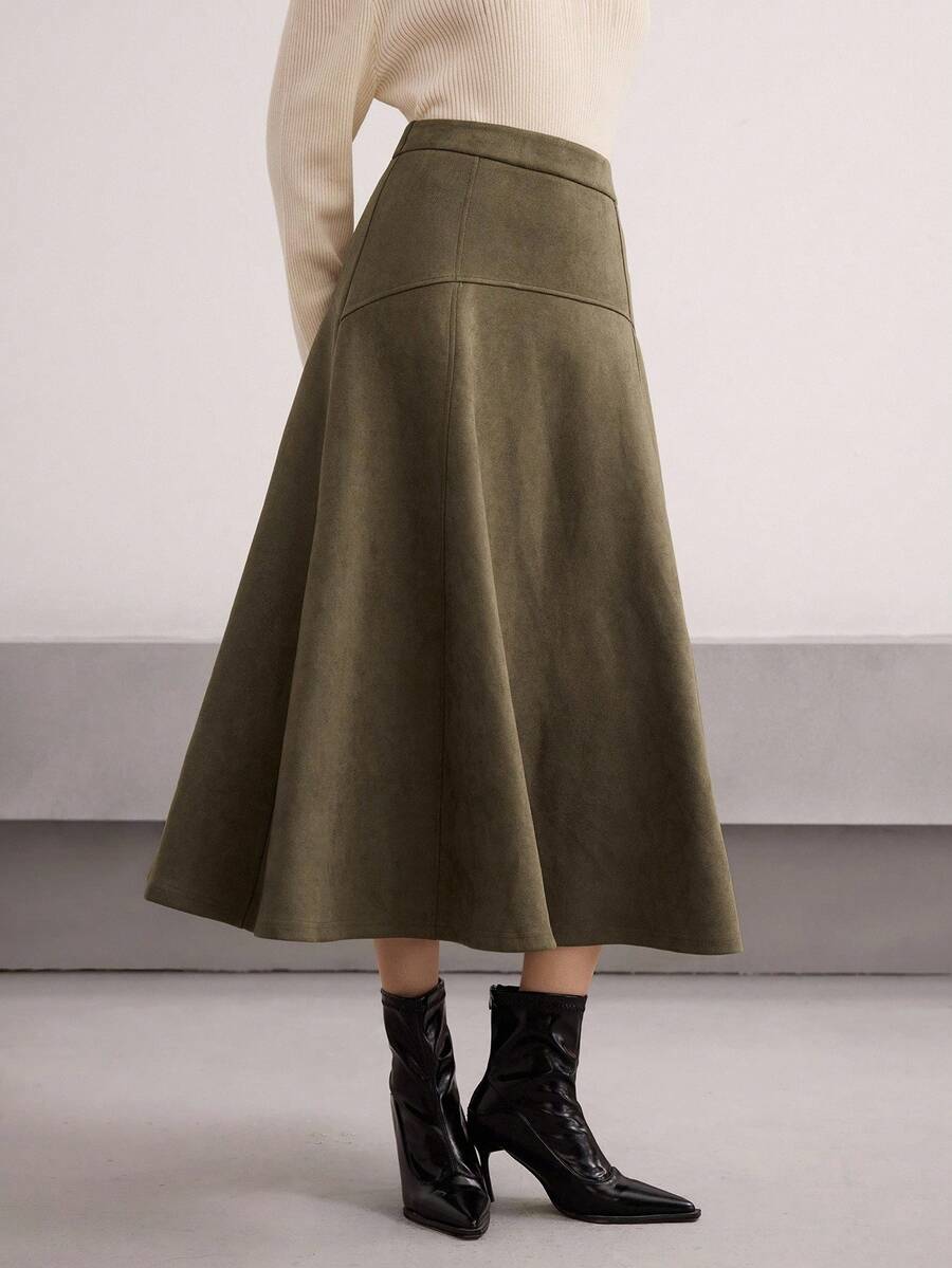 Heiryn Women's Solid Color High Waist Elegant Office Midi Skirt Olive Green Skirt A Line Skirt,Fall,Fall Clothes For Women,Winter Clothes For Women
