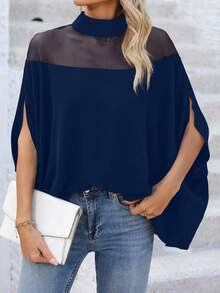 EMERY ROSE 女士时尚高领网眼拼接透视开衩蝙蝠袖宽松衬衫 - 藏蓝色 - 查看 3