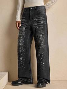 AKNOTIC Men's Fashion Rhinestone Embellished Wide Leg Jeans, Grunge - Black - View 2
