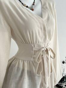 Elamini Women's Solid Color Waist Tie Long Sleeve Ruffle Hem Fashion Blouse