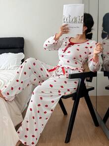 Napfluff CURVE Napfluff CURVE Plus Size Ribbed Strawberry Print Long Sleeve Top & Pants Pajama Set, Cozy Outfit, Fall Winter Clothes - Red - View 4