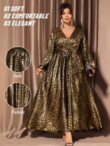 Cravure 大码女式V领长袖连衣裙，百搭优雅豹纹，适合聚会，轻盈修身 - 彩色 - 查看 1