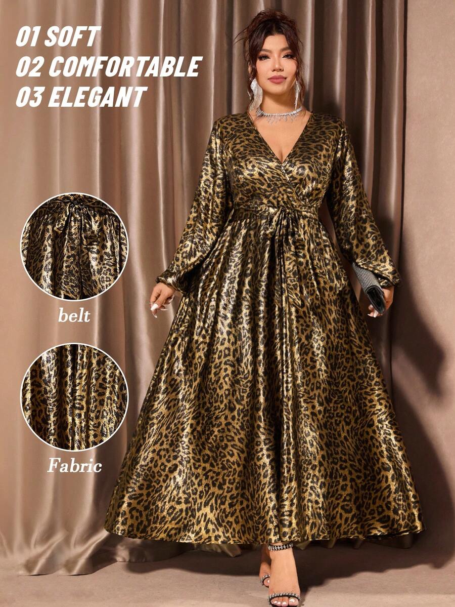 Cravure 大码女式V领长袖连衣裙，百搭优雅豹纹，适合聚会，轻盈修身 - 彩色 - 查看 1