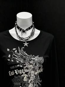 INAWLY Áo thun dài tay nữ in họa tiết phong cách Gothic tối giản, quà tặng cho bạn bè - màu đen - Xem 3