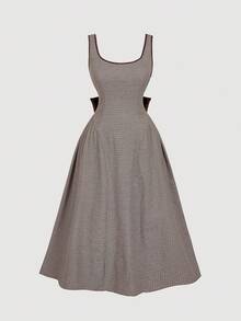 SHEIN MOD Vestido midi de talla grande con diseño de lazo y cuello en V, estampado de cuadros marrones vintage, estilo "Old Money", estética preppy, inspirado en los 70, dulce y lindo, perfecto para la escuela, ir al trabajo, fiestas y citas - Marrón - Ver 3