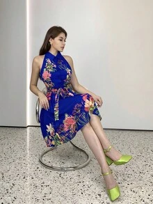 Lyxana Váy cổ yếm in hoa thanh lịch, mùa hè - Xanh đậm - Xem 5