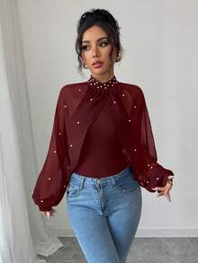 Elenzga Women's Elegant Chiffon Beaded Stand Collar Bodysuit - Burgundy - View 6