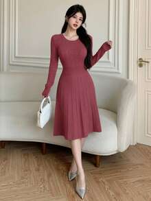 Modelyn Vestido de cuello redondo de manga larga con trenzado elegante de mujer - Burdeos - Ver 7