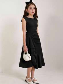 SHEIN Tween Girls Black Elegant Summer Cocktail Midi Dress,Stylish Formal Tiered Design Ruffle Hem Dresses For Teens - Black - View 6