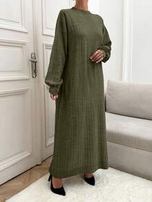 SHEIN Tall Casual Rib Knit Maxi Long Sleeve Crew Neck Sweater Dress - Army Green - View 3