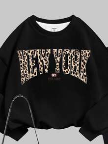 Slaydiva 豹纹纽约英伦图案加大码卫衣和紧身裤两件套，适合秋冬季