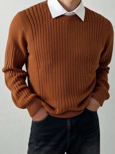 SHEIN Tonårspojkars casual enfärgad rund halsringad texturerad stickad tröja, minimalistisk all-match mångsidig, lämplig för pendling, skola, vardags casual, semester, utomhus, collegefest, höst/vinter