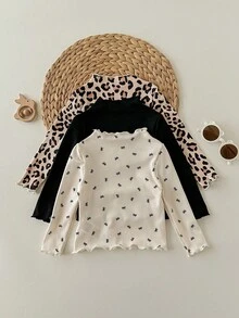 SHEIN 3 件 Babygirl 休闲百搭针织豹纹波点图案长袖上衣 - 彩色 - 查看 2