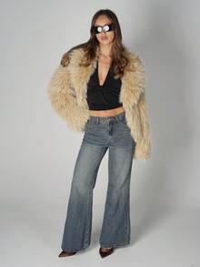 SHEIN ICON 女式人造毛皮夹克，性感前卫的西式风格，适合派对和日常穿着，秋冬季 - 卡其色 - 查看 6