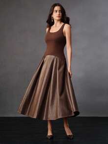 Anewsta Women's Elegant Vintage Elastic Knit Spaghetti Strap Flared Dress, Brown Coffee Color, Suitable For Winter, Christmas, New Year Party - Coffee - View 1