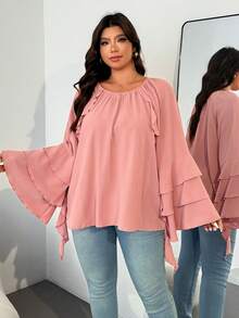 Enliva Áo kiểu tay dài dáng rộng có bèo nhún dành cho nữ cỡ lớn Jennifer Samantha Style, phù hợp với dáng người tròn trịa, thích hợp cho Ngày Valentine, Tình yêu, Quà tặng, Lãng mạn, Chúc mừng Ngày Valentine, 2026, Năm mới - Hồng - Xem 6