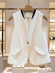 Lyxana Women's Casual Commuter Colorblock Patchwork Frill Collar Faux Pocket Decor Solid Knit Vest Jacket, Autumn/Winter - Apricot - View 3
