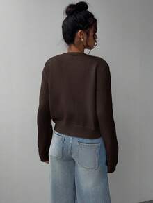 SHEIN BASICS 休闲纯色圆领长袖宽松短款女式毛衣开衫秋冬女装 - 咖啡棕 - 查看 2
