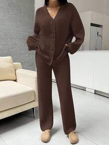 SHEIN Essnce Conjunto casual de 2 piezas de mujer con cárdigan de punto de manga larga de unicolor y pantalones de punto, para otoño/invierno - Café integral - Ver 4