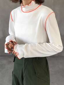 FRIFUL Damen Schwarz einfarbiger Rollkragen Langarm T-Shirt mit Kontrastsaum am Nacken, Tunnelzug und Cut-Out Design, figurbetont, vielseitig einsetzbar, Herbst/Winter - Weiss - Übersicht 6