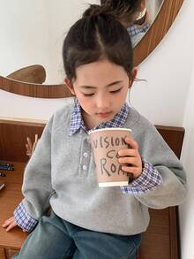 DAZY 女童格子拼接长袖卫衣，秋冬款 - 黑色 - 查看 5