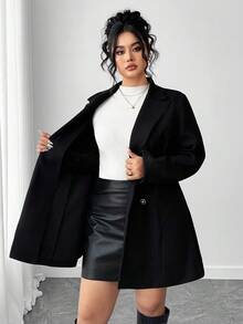 Elenzga 大码女式百搭简约纯色商务风大衣，适合秋冬季日常通勤 - 黑色 - 查看 7