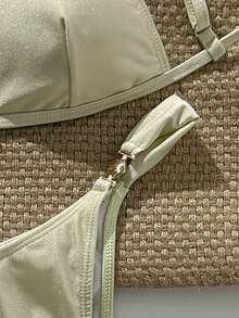 Swim Chiccia 女士纯色香槟色闪亮比基尼套装带贝壳装饰，裹身裙，休闲，度假，沙滩，派对性感泳衣 - 香檳色 - 查看 6