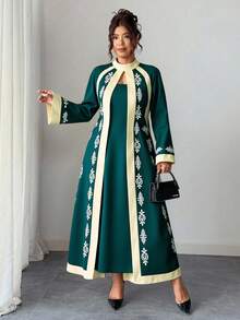 Rometta 大码女式连体优雅度假风印花立领喇叭袖修身连衣裙（Woe Is Me Vibes）（星期三美学） - 彩色 - 查看 2