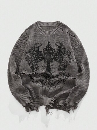 Grunge Punk Men's Punk Distressed Apocalyptic Print Knit Sweater, Fall/Winter