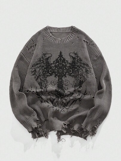 Grunge Punk Suéter de punto con estampado apocalíptico desgastado y punk para hombre, otoño/invierno