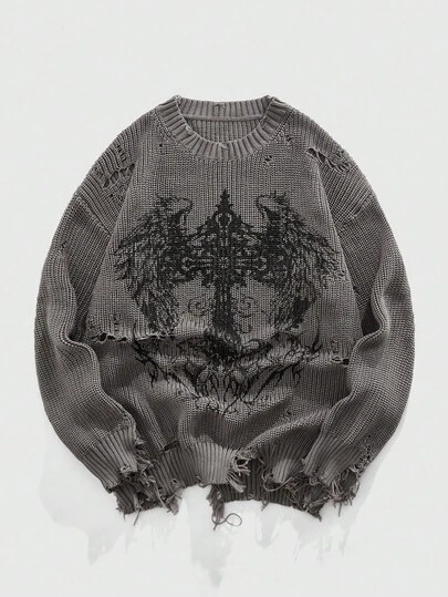 ROMWE MEN Goth 男士朋克风做旧末日印花针织衫，秋冬款