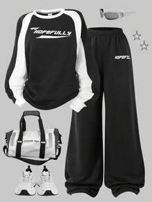 2pcs/Set Teenage Girls' Sporty Casual Outfit, Colorblock Crew Neck Long Sleeve Letter Print Sweatshirt And Wide Leg Pants