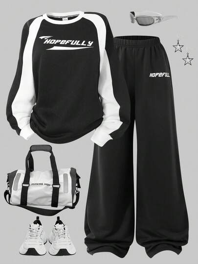 2pcs/Set Teenage Girls' Sporty Casual Outfit, Colorblock Crew Neck Long Sleeve Letter Print Sweatshirt And Wide Leg Pants