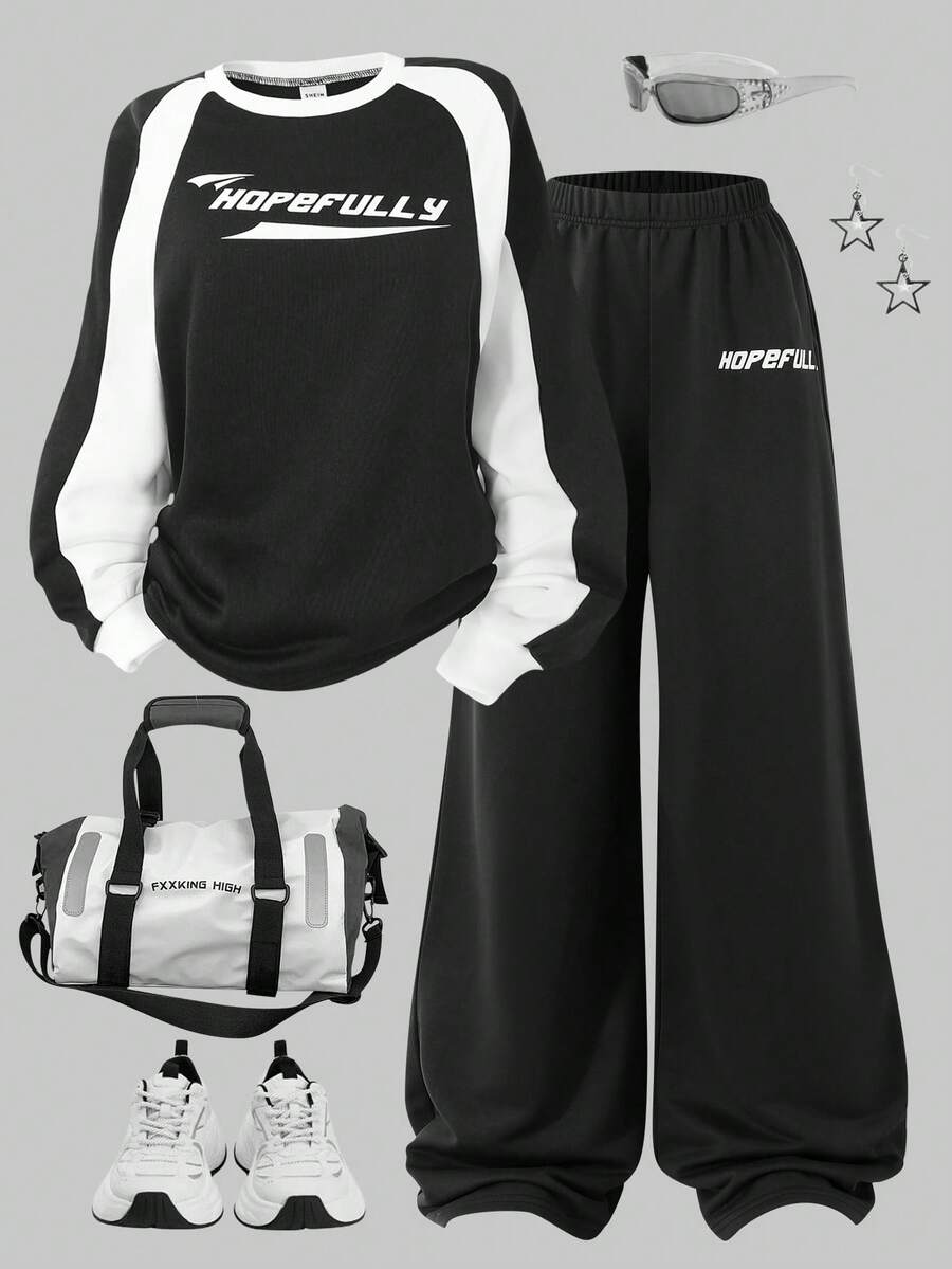 2pcs/Set Teenage Girls' Sporty Casual Outfit, Colorblock Crew Neck Long Sleeve Letter Print Sweatshirt And Wide Leg Pants