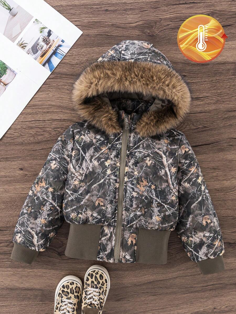 Young Girls Winter Hooded Faux Fur Collar Cinched Waist Padded Coat, Designer High Waist Ribbed Thick Sports Camouflage Digital Print Long Sleeve Fashionable Padded Coat - Army Green - View 1