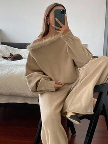 DAZY 女士休闲商务宽松针织毛衣和直筒裤两件套西装套装，优雅办公室通勤装，秋冬 - 咖啡棕 - 查看 4