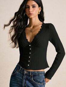 Poéselle 女式休闲纯色修身长袖T恤 - 黑色 - 查看 3