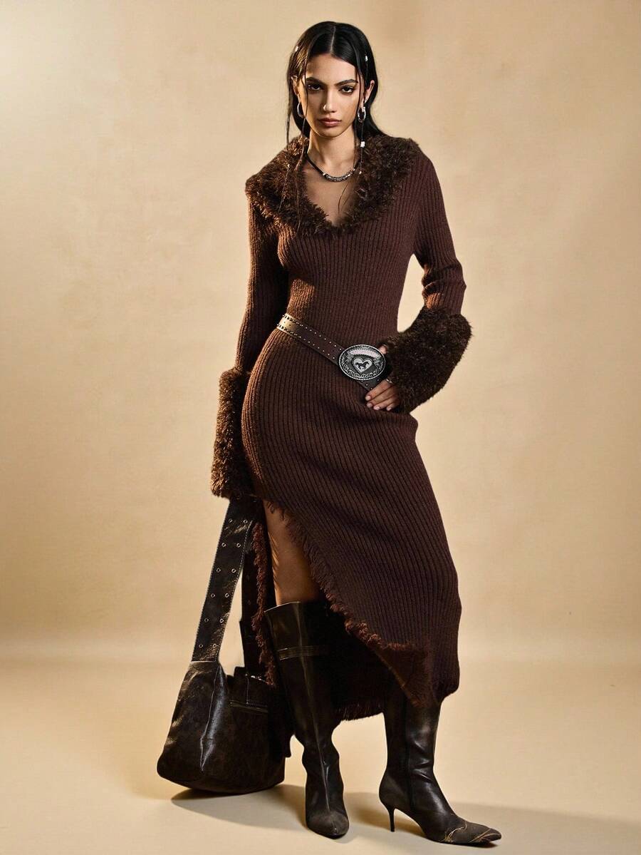 Easelle Robe en tricot fendue élégante à col châle en fourrure marron foncé, manches longues, ourlet fendu sur le côté pour femmes