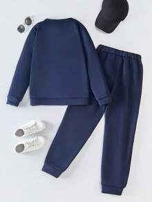 Sparklyn 2pcs/Set Teen Girl Letter Embossed Crew Neck Long Sleeve Sweatshirt And Sweatpants, Casual - Navy Blue - View 2