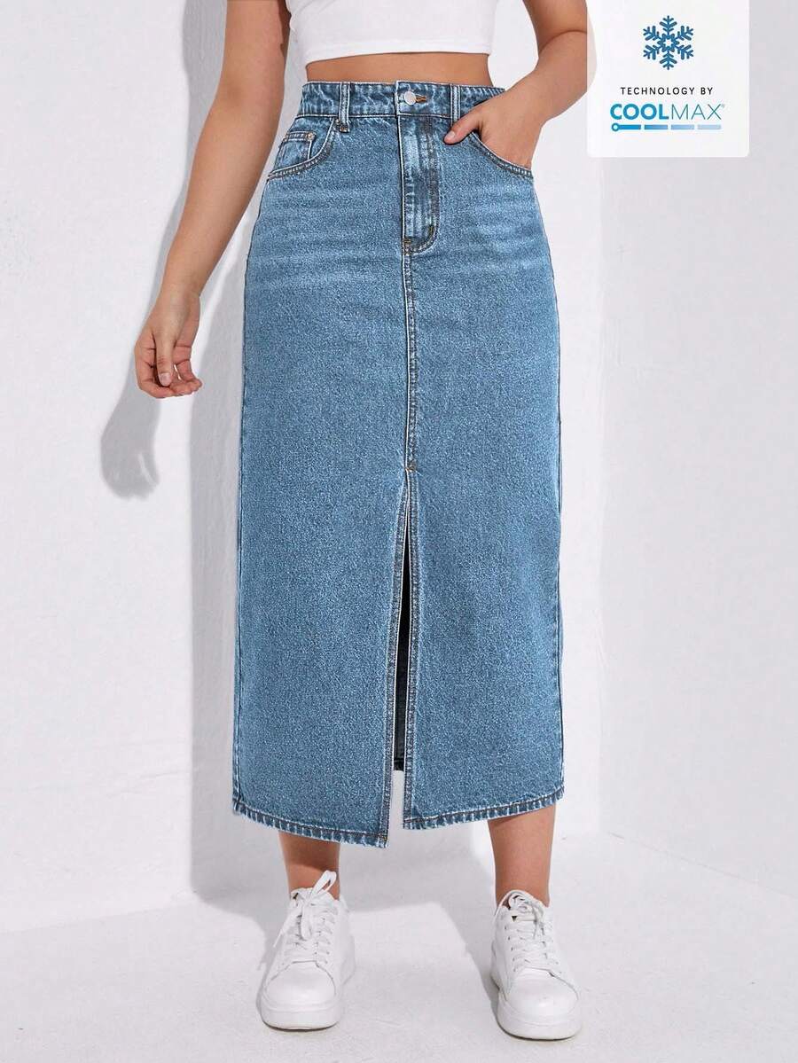 EURMUSE 女式高腰口袋开衩长款直筒休闲牛仔超长裙 - 淺藍色 - 查看 1