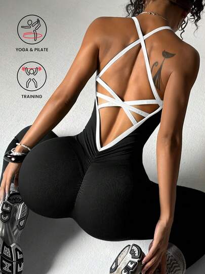 Slayform 1 st sömlösa sportleggings med kontrastfärg och korsning i midjan för löpning, fitness, yoga, dans och gymnastik, för kvinnor