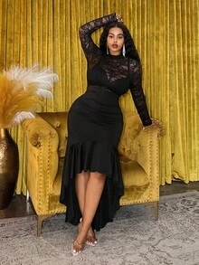 Veslaya Vestido ajustado de manga larga, transparente y con encaje en negro, con bajo de sirena elástico, ideal para fiesta, club, baile de graduación, reunión o cita. Nuevo lanzamiento de otoño/invierno 2025 para mujer de talla grande - Negro - Ver 9