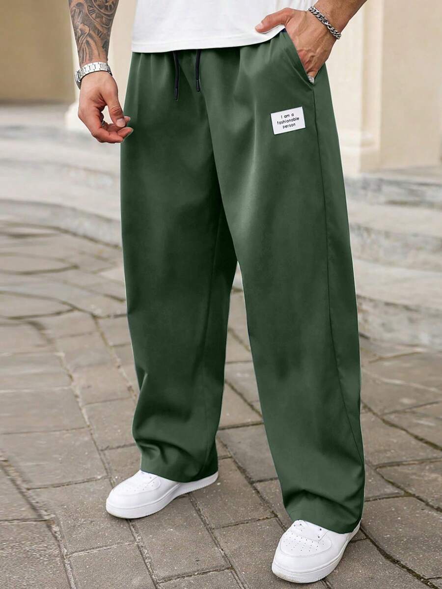 Manfinity Homme Plus Size Men Casual Versatile Letter Patched Pants, Fall - Dark Green - View 1