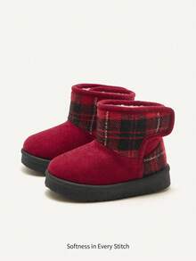 Cozy Pixies 女童时尚酒红色毛绒保暖休闲雪地靴，日常穿着舒适，格子拼接设计，适合圣诞节、秋冬季节穿着。 - 酒紅色 - 查看 5